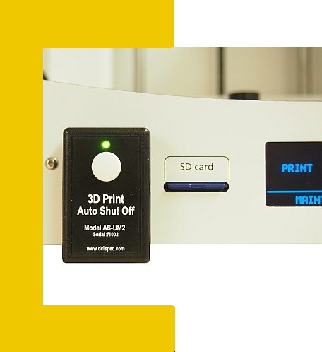 Close-up of a 3D printer control panel with an auto shut-off feature indicator.